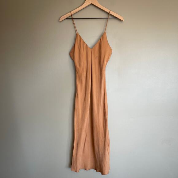 Anine Bing Bay Slip Dress Camel‎ Size Small Tan Brown Silky Midi Chic Sexy Cupro - Picture 5 of 16